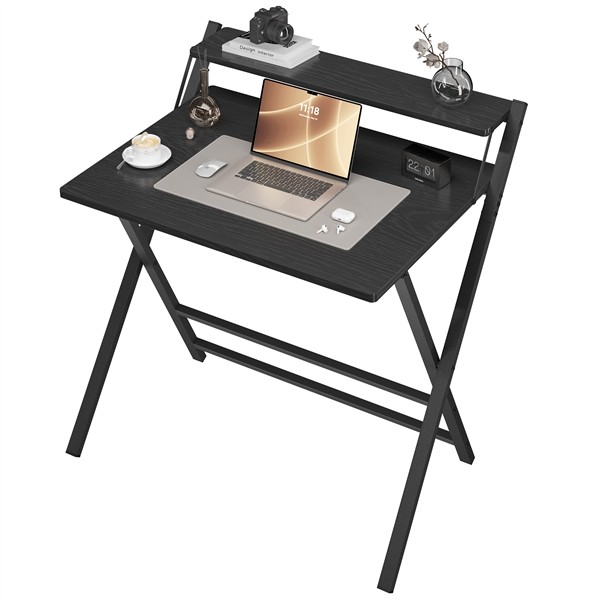 Foldable Computer Desk with Monitor Shelf for Home Office Dormitory Black