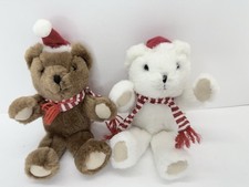 Set Of 2 Vintage Russ White And Brown Teddy Bears In Santa Hat Plush 7 Inch