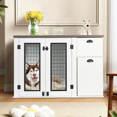 Large Dog Crate Furniture 44 Inch,Wooden with Drawers and Side Cabinets for Pets