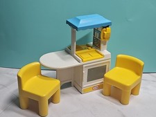 Little Tikes Vintage Dollhouse Kitchen Island Blue Yellow W/ 2 Chairs