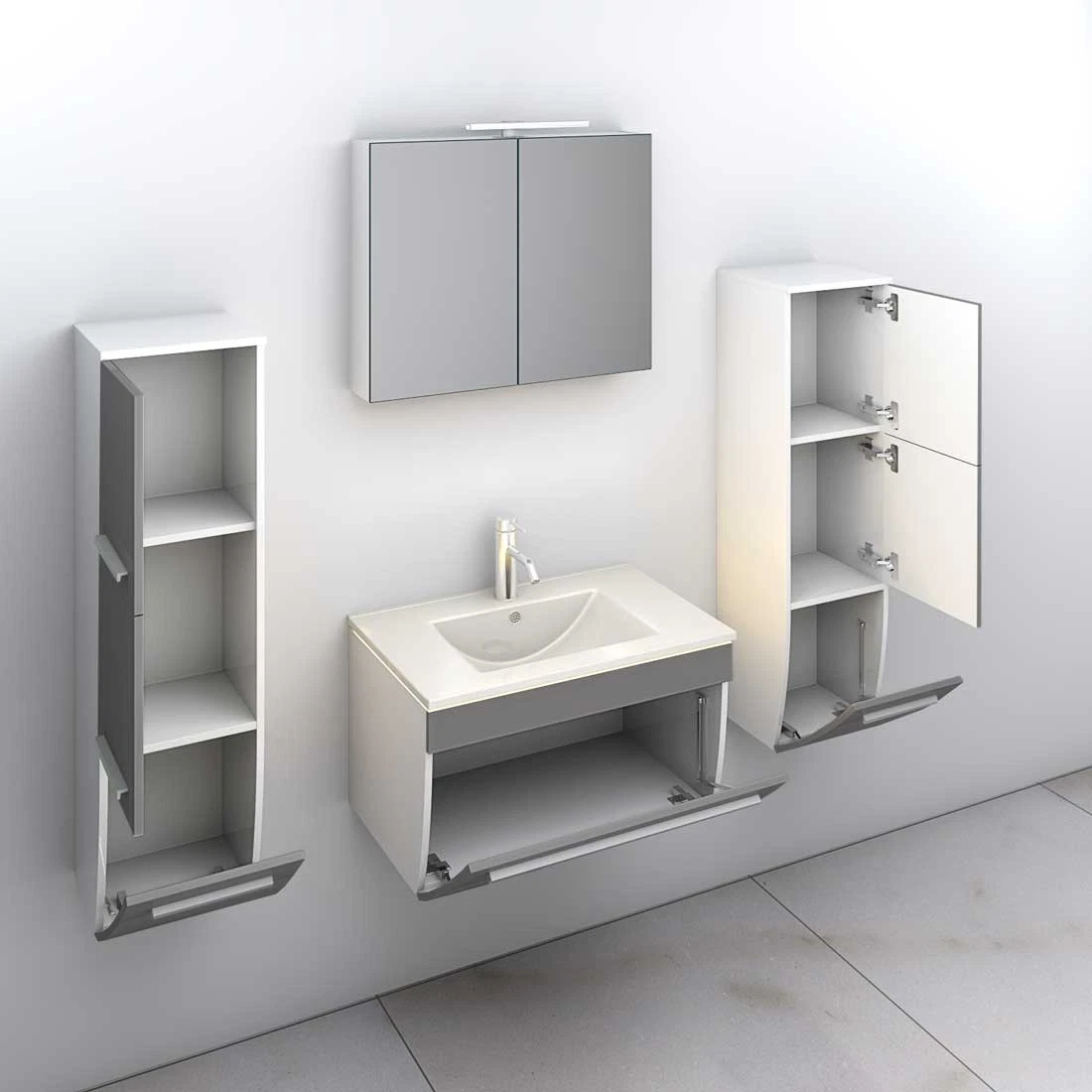Badmöbel Set Gently 3 V3 Weiß/Grau Badezimmermöbel Badspiegel Waschtisch 70 cm