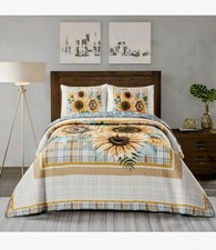 3 Pc Full/Queen Lodge Quilt Rustic Country Decorative Pillow Shams Sunflower NEW