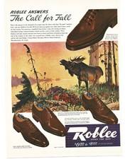 1942 Roblee Shoes Blucher Wingtip Vintage Print Ad Autumn Moose Wildlife Art
