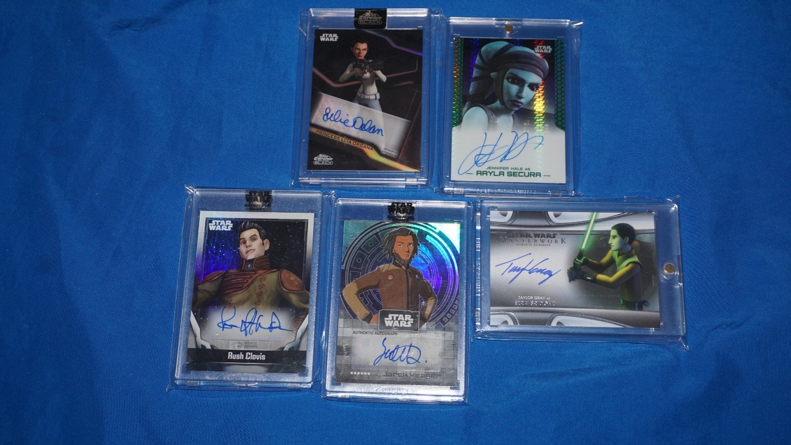 5 Lot Topps Star Wars Signed Cards Leia , Aayla Secura 32/50, Ezra, Rush, Yeager view 2