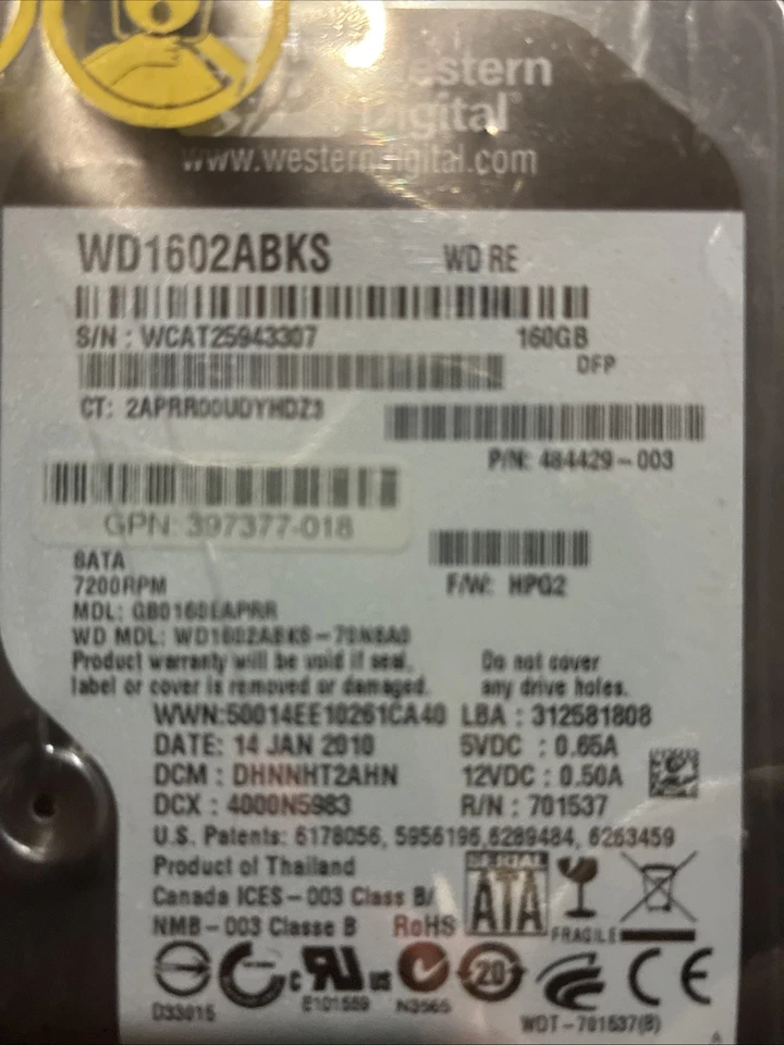 Western Digital WD1602ABKS 160GB 7200RPM 3.5" SATA 3GB/s Internal Hard Drive - Image 2 of 3