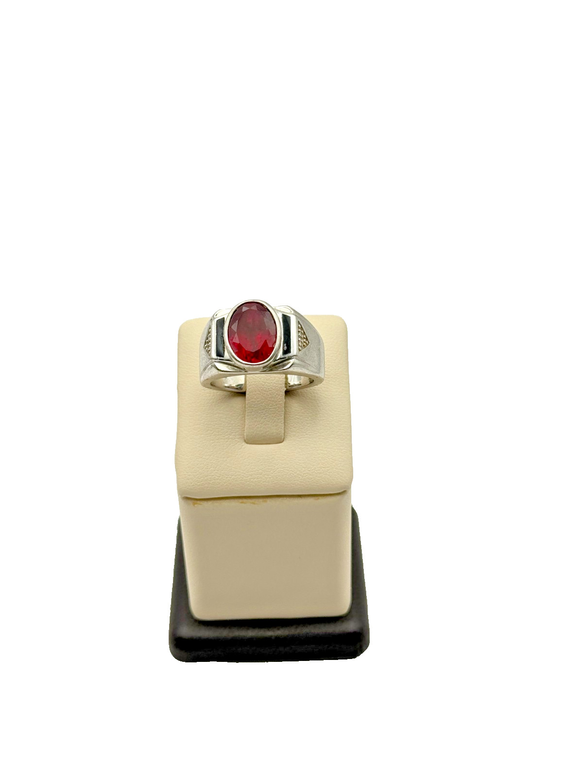 Sterling Silver Synthetic Ruby & Onyx Inlay Ring … - image 1