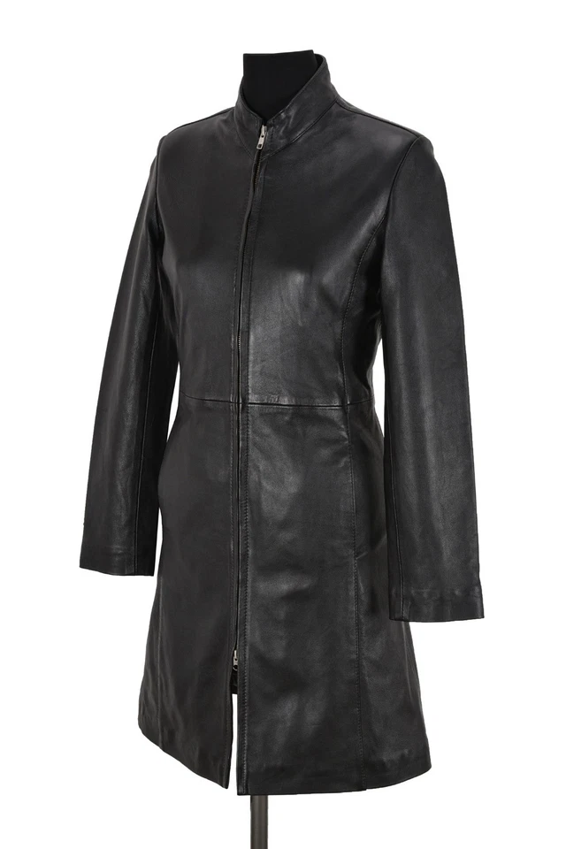 Carrie Black Ladies Smart Designer Knee Length Real Lambskin Leather Jacket Coat - Image 4 of 4