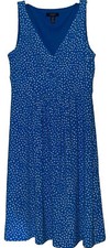 CHAPS Ralph Lauren Polka Dot Sleeveless Stretchy V Neck Dress Blue White Size M