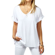 Women Baggy Oversized Loose Fit Turn up Batwing Sleeve Ladies V Neck Top T shirt
