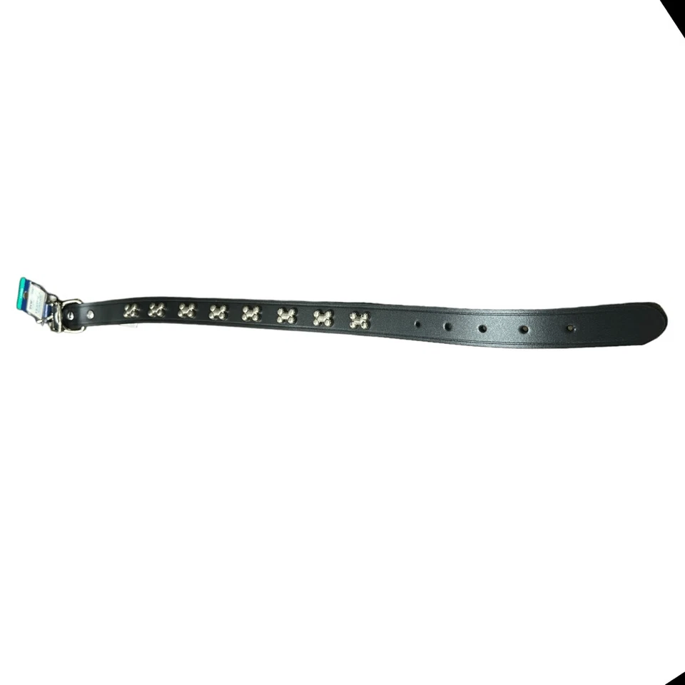 Collar de perro de cuero negro con tachuelas con hueso de pata superior talla mediana 14-18 pulgadas Foto 3 de 4