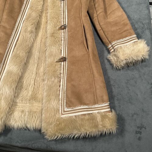 Penny Lane Coat Womans Medium Tan Faux Suede Shearling Fur Toggle Mob Wife - Picture 4 of 18