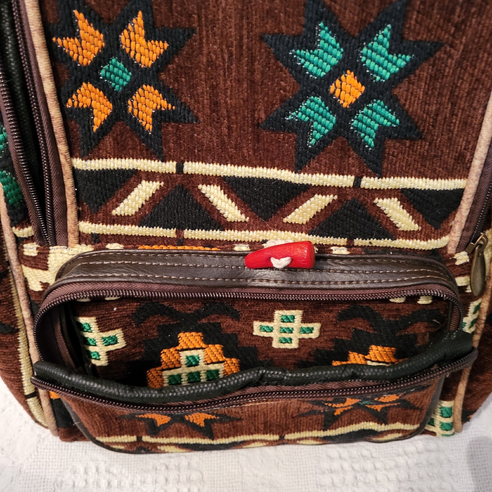 Brown & Multicolored Geometric Patterns Backpack … - image 3