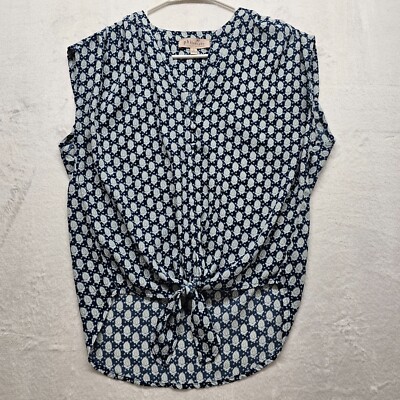Philosophy Women s Blue with White Print Front Tie Blouse Size Small