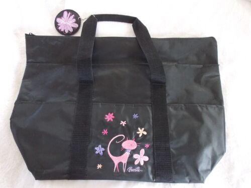 Hallmark Barbie Black Tote Zippered Bag Embroidered Pink Cat Flowers 20" x 14" - 第 1/3 張圖片