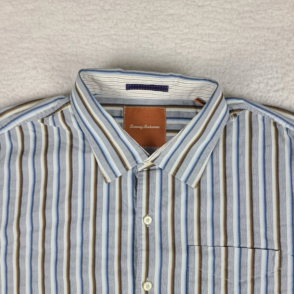 Camisa Tommy Bahama Para Hombres 2XL XXL Azul Marrón Rayas Algodón Vestido Abotonado Foto 3 de 4