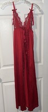 VINTAGE RED NYLON  LACE LONG Robe ties bows Small
