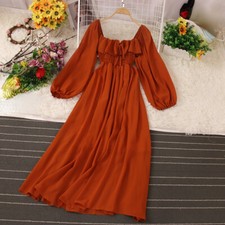 Women Puff Sleeve Midi Dress Ruffle High Waist 3/4 Sleeve Swing A-line Retro