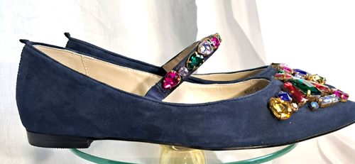 Boden Blue Suede Rainbow Jeweled Point Toe Ballet Flats Size 37 US 6.5 - Picture 2 of 15