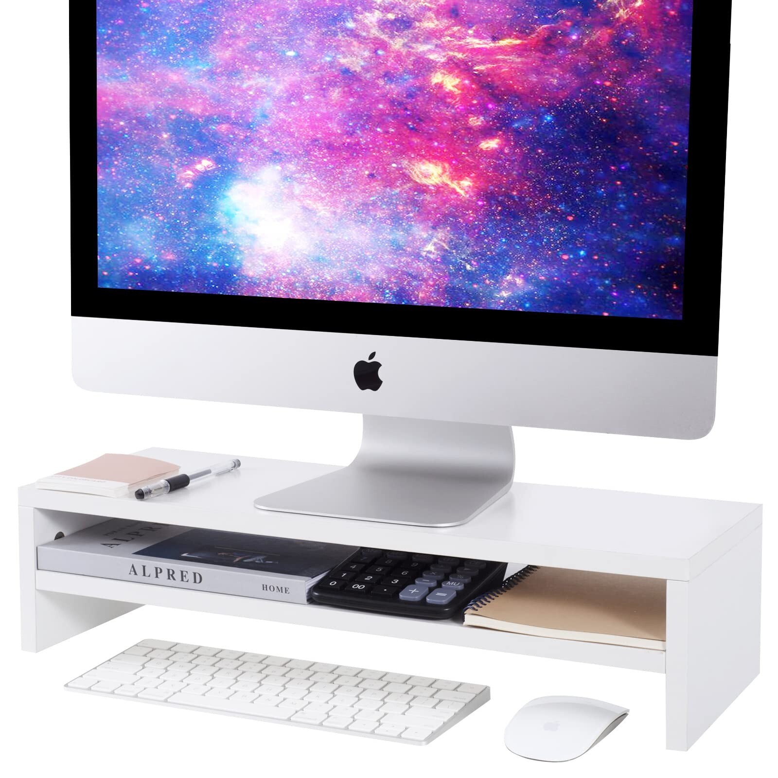 BEYGORM 21.6 Inch 2-Tier White Wood Monitor Stand Riser for Desk or Computer-image