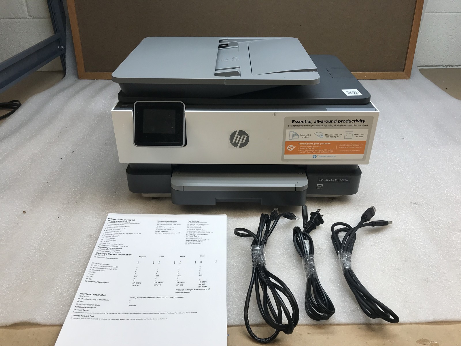 HP Officejet Pro 8025e Network Ink Printer 1K7K3A Low Toner 2K pg ct - Cables