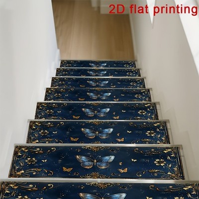 Deep Blue Base with Golden Butterfly Pattern 2D Flat Stair Tread, Non-slip Ste