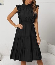 Homeyee Ruffle Flutter Sleeve Smocked Midi Dress Flowy Tiered Black Dress XL