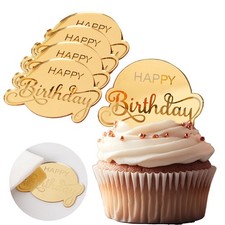 20 Pcs Mirror Acrylic Happy Birthday Cupcake Toppers Gold Happy Birthday Cake...