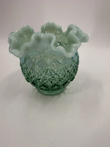Vintage Fenton Mint Green White Opalescent Ruffled Vase Block Cut HTF Glass USA
