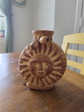 Mexican Folk Art Sun Face Celestial Vase Small Handmade Earth Tones 