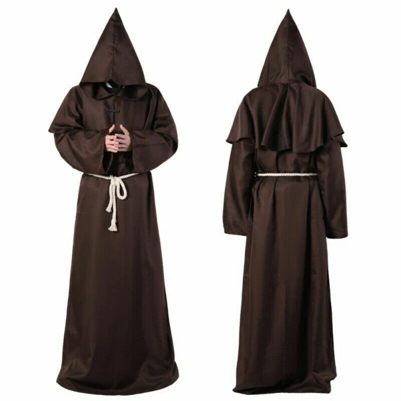 Priest Coat Lace Up Robe Monk Puppet Halloween Wizard Costume Cosplay Cloak Hood - Image 4 of 4
