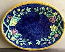 Antique Majolica Oval Dish of Wild Roses or Dogwood Flowers on Cobalt Blue