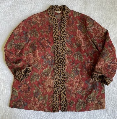 Laura Ashley Sz 2X Floral Jacquard Woven Kimono Cut Jacket Blazer Funky Leopard