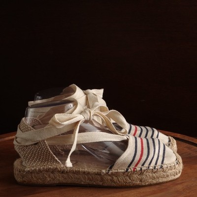 Saludos Shoes Women SZ 7.5 Cream Original Espadrilles Stripes Ankle Wrap Coastal