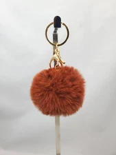 Brown Purse Charm Keychain Key Fob Fluffy Plush Ball Key Ring Pom-Pom