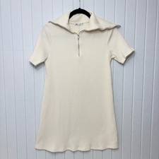 ZARA Sweater Dress Ivory Short Sleeves Quarter Zip Ribbed Knit Size Size M