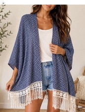 Blue White Boho Fringe Kimono XL Coastal Festival Cover Up
