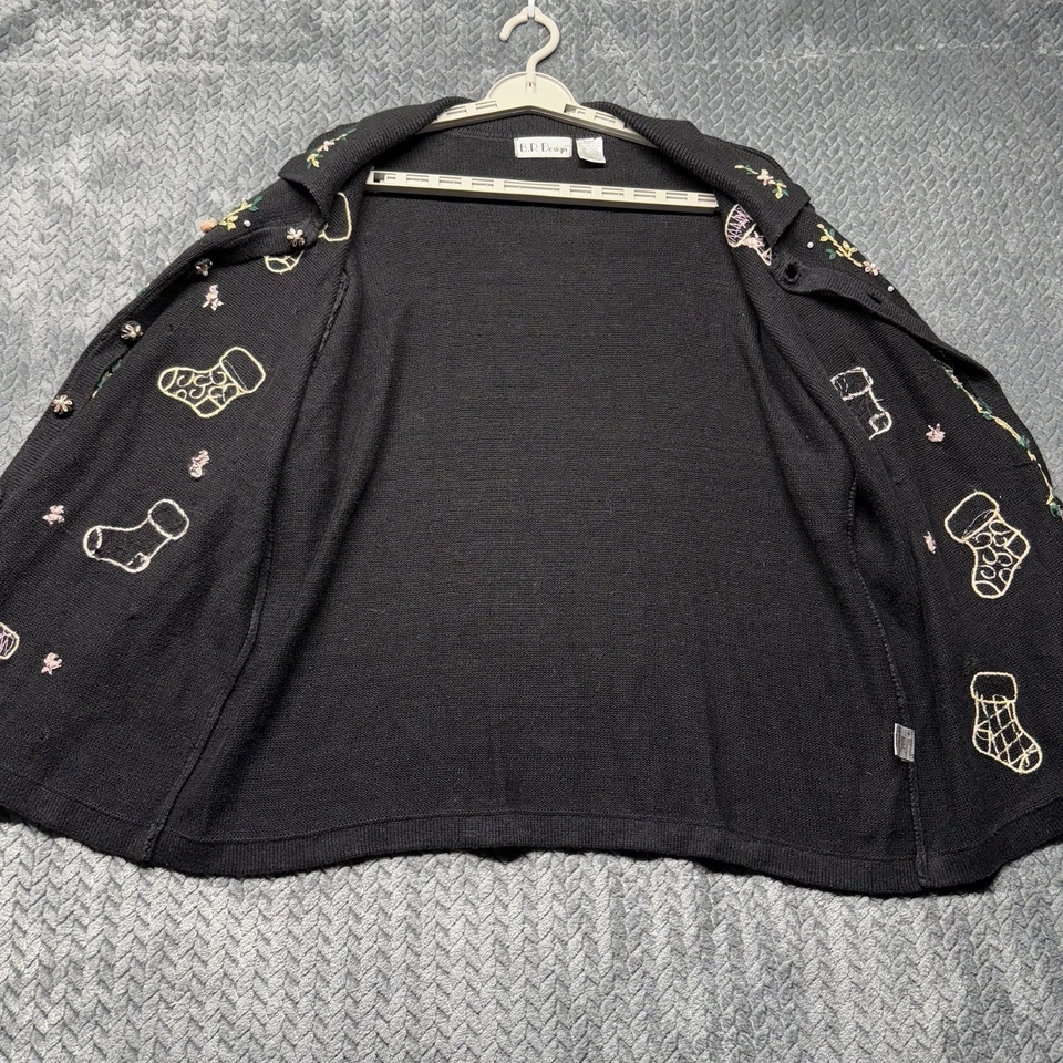 B.P. Design Christmas Cardigan Women’s XXL Black VTG Embroidered Stockings - Image 3 of 4