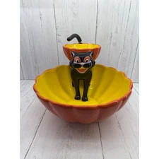 Dept 56 Halloween Black Cat with Wiggling Tail Orange Chip and Dip Bowl Vtg