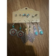 6 Pair Bohemian Silver Turquoise Earring set western boho