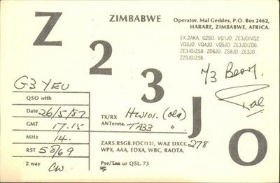 Amateurfunk QSL/QSO Z23JO Simbabwe 1987 Heathkit HW-101 20M CW