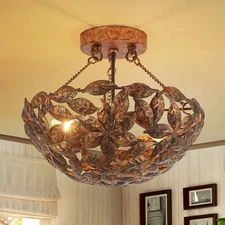 Vintage Flush Mount Ceiling Light with Leaves Design Shade, Dome Hallway Ligh...