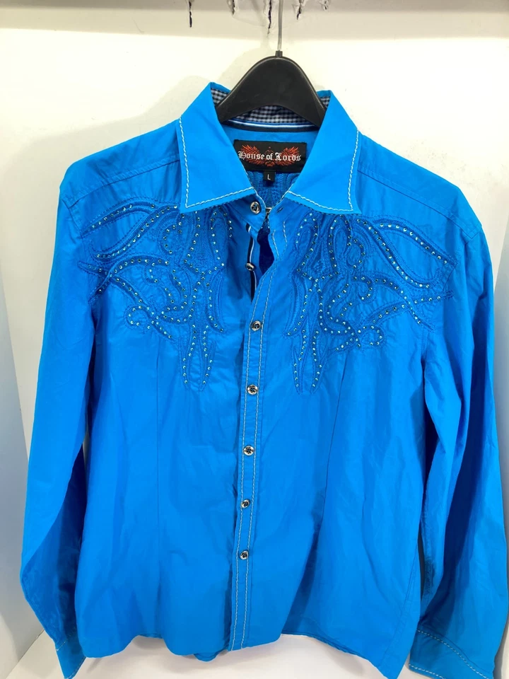 Camisa Western Abotonada House of Lords Para Hombre L Azul Bordada Adornada Foto 3 de 4