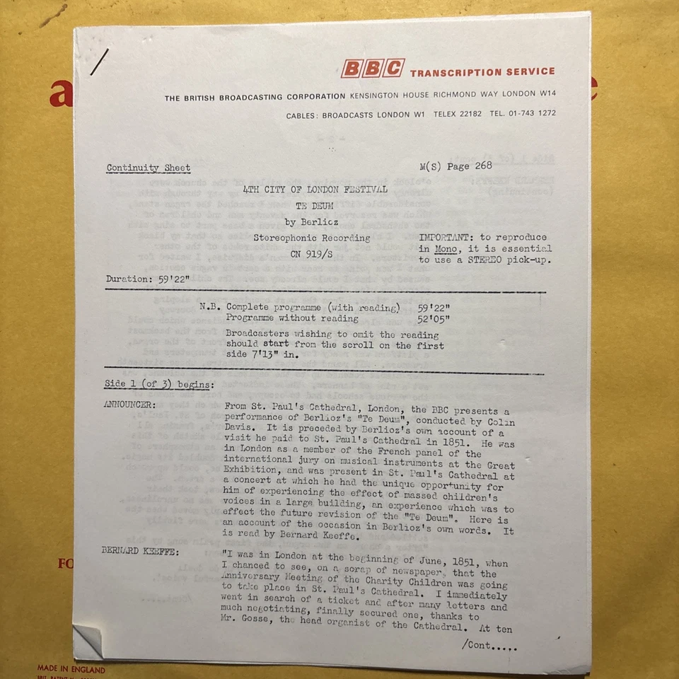 RARE BBC TRANSCRIPTION Live Recording BERLIOZ Te Deum/LSO  Davis 2-LP Set EX - Image 2 of 4