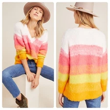 Anthropologie Simone Striped Sweater Rainbow Plush Fuzzy Cozy Winter Small