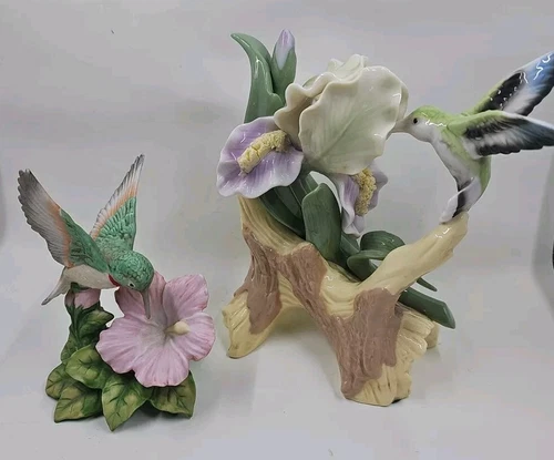Lot Of 2 Hummingbird on a Iris& Hibiscus Flower Porcelain Figurine 6" Homco 1429