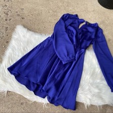 Express Dark Purple Satin Surplice Long Sleeve Mini Dress