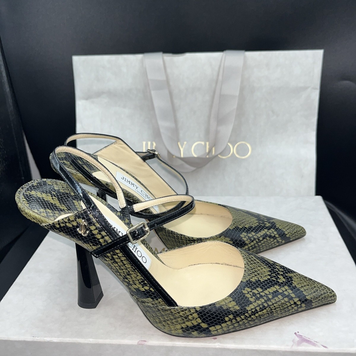 Jimmy Choo Ray Olive Green & Black Snake Heel Shoes Size Uk 4 Eu