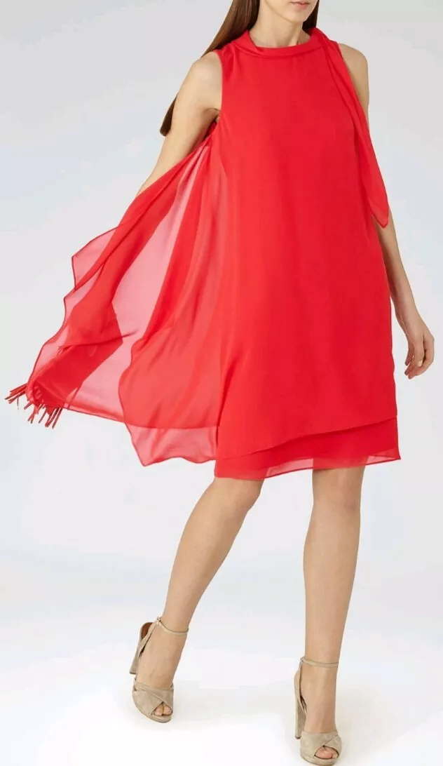 Designer REISS Aries tie neck dress size 8 BRAND NEW red knee length loose