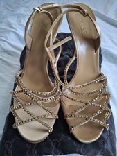 Gucci Woman's High Heel Gold Metallic Satin Strapy Shoes Rhinestone NWB 37 1/2