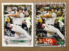 Juan Soto 2022 Topps Holiday Base & Metallic Parallel Baseball Cards.
